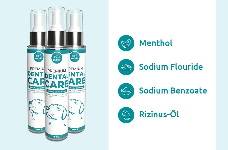 Drei Flaschen Dental Care und Inhaltsstoffe